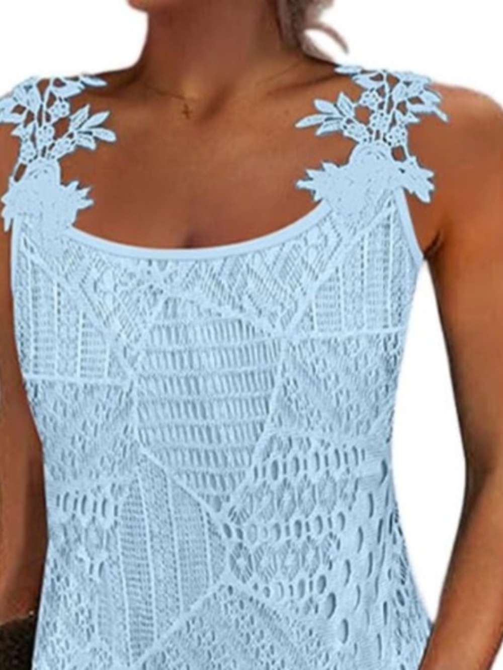 Lace Crochet Tank Top With Floral Applique Straps Mesh Lining Relaxed Fit Resort - Picture 2 of 10